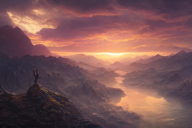 Image similar to high aerial shot, cinematic fantasy painting, dungeons and dragons, plains mountains and rivers, with sunset lighting ominous shadows by jessica rossier and brian froud cinematic painting