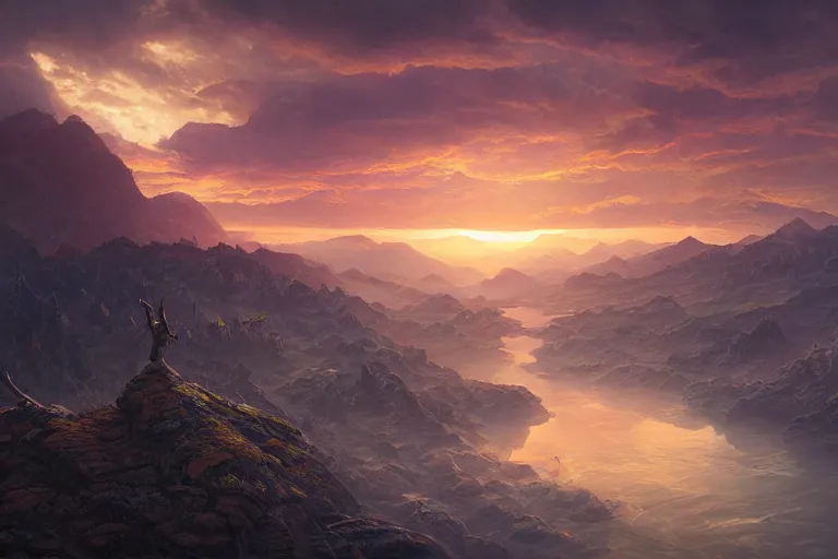 Prompt: high aerial shot, cinematic fantasy painting, dungeons and dragons, plains mountains and rivers, with sunset lighting ominous shadows by jessica rossier and brian froud cinematic painting