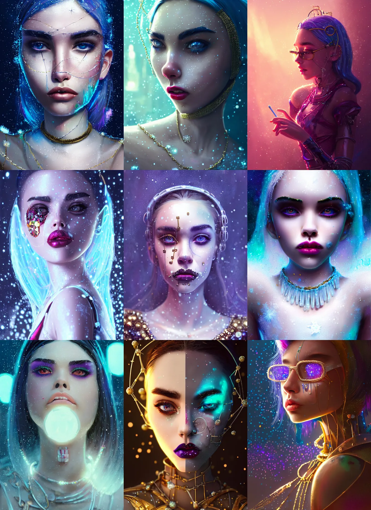 Prompt: disney 8 k photo, gorgeous shiny sweaty grand pearlescent chained white emo clowncore nerd cyborg madison beer, vogue, ( golden ratio ), snow, sci fi, fantasy, cyberpunk, intricate, decadent, highly detailed, digital painting, octane render, artstation, concept art, smooth, sharp focus, illustration, art by loish, wlop