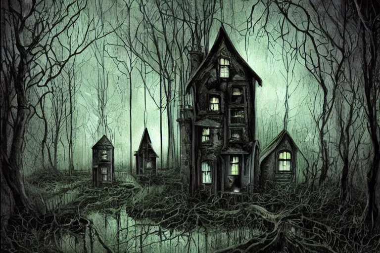 Image similar to mad horror painting of a futuristic alien witch house from another dimension in the woods by ben templesmith