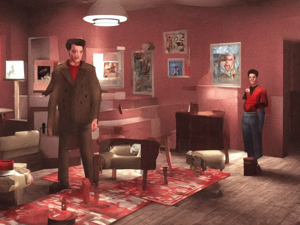 Image similar to Twin Peaks tv series red room as a PS1 third person video game