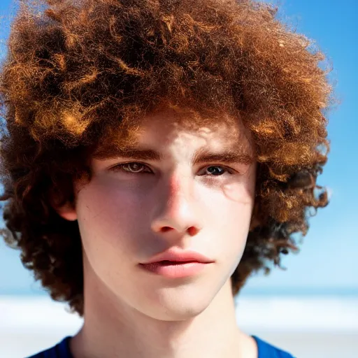 Image similar to portrait of a beautiful teenage boy around 2 0 yo. natural hair, pale skin. beach background. detailed face.