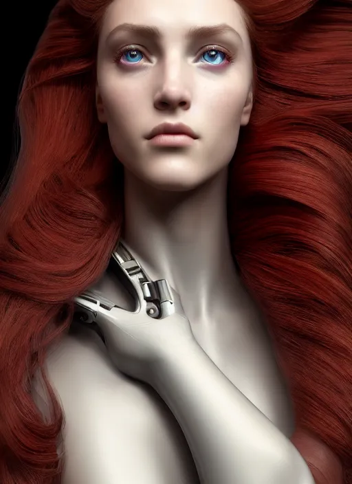 Image similar to a stunning young female cyborg profile face, by pre - raphaelite brotherhood, unreal engine, glamor shot, nikon d 7 5 0, closeup, f / 2. 8, low contrast, 1 6 k, rim lighting, optical fiber, cinematic lighting, insanely detailed and intricate, hypermaximalist, elegant, ornate, hyper realistic,