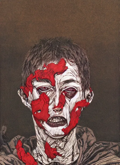 Prompt: scout boy, grotesque, doomed, acrylic paint, gouache on canvas, ugly art, grotesque, high resolution, wrapped thermal background, art by takato yamamoto, by francis bacon, ultra realistic, smooth shading, ultra detailed, high resolution