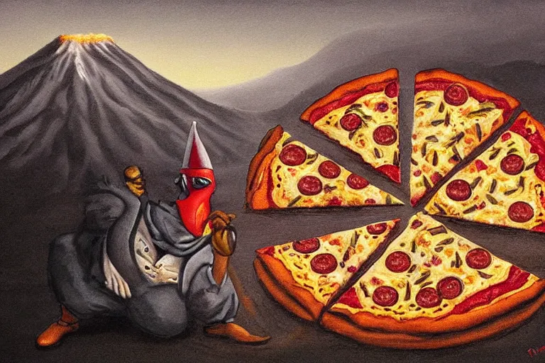 Prompt: a highly detailed pizza! with pulcinella!!! from naples, volcano in the background, black sky, smoke, fire lava, full body, wide angle, an ultrafine detailed painting by rivorio mok, trending on deviantart, whimsical, lowbrow, perfect symmetrical face, sharp focus, octane, masterpiece