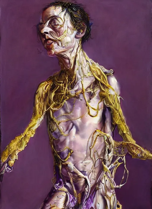 Prompt: human figures in dramatic poses, extra limbs, draped in purple and gold silk, highly detailed and intricate, expressive, surrealism, painting by jenny saville and charlie immer, part by arcimboldo, rendered in octane