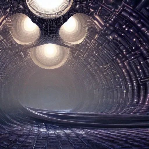 Image similar to The world is labyrinthine beyond possibility of imagining, inhabited on many levels by alien intelligence, infinite in extent, staggering in its beauty, terrifying in its weirdness, endlessly satisfying and peculiar, by Giger and Ralph McQuarrie and Bruce Pennington, cinematic lighting, hyper realism, high detail, octane render, 8k, iridescent accents