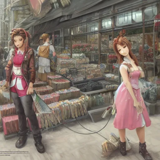 Image similar to concept art of aerith gainsborough in wall market of don corneo, highly detailed, trending on artstation