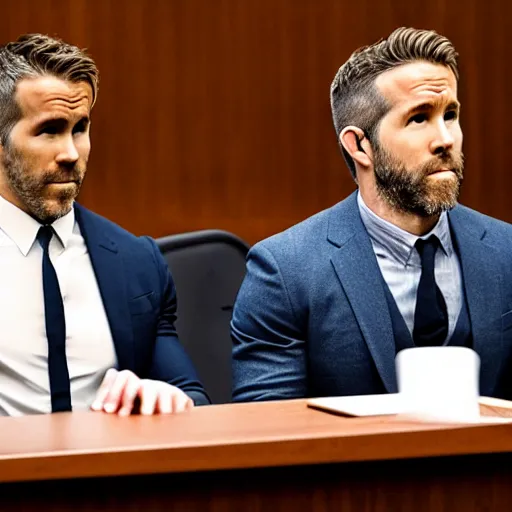 Prompt: ryan reynolds on trial sitting beside his lawyer in a courtroom, highly detailed, extremely high quality, hd, 4 k, 8 k, professional photographer, 4 0 mp, lifelike, top - rated, award winning, realistic, detailed lighting, detailed shadows, sharp, no blur, edited, corrected, trending