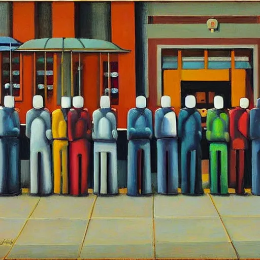 Prompt: robots queue up for ice cream, grant wood, pj crook, pj crook, ( ( ( edward hopper ) ) ), oil on canvas