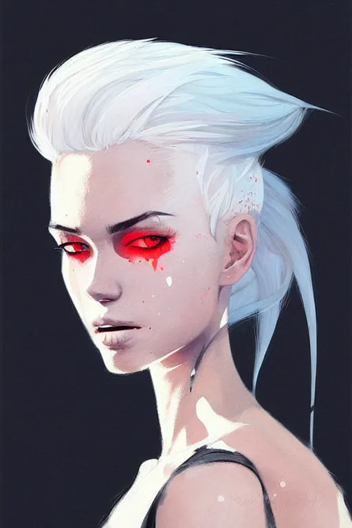 Image similar to a ultradetailed beautiful painting of a stylish woman in with white hair in a ponytail, she is wearing a black tank top, by conrad roset, greg rutkowski and makoto shinkai trending on artstation