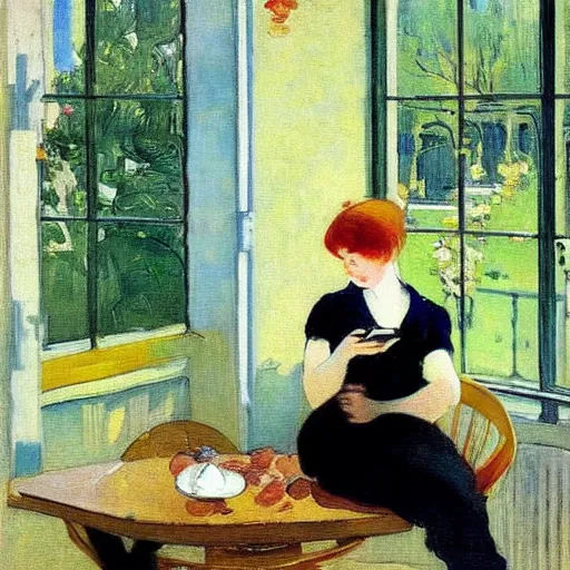 Image similar to a girl with phones on a table sits at a table in a sunny room, the window is open, peaches on a table, by valentin serov