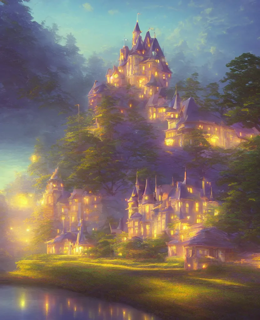 Prompt: beautiful a digital painting of chateau in a serene landscape, romantic, disney, by makoto shinkai, beeble, thomas kinkade, and james gilleard, beautiful matte painting, cg, retrowave, 4 k hd wallpaper