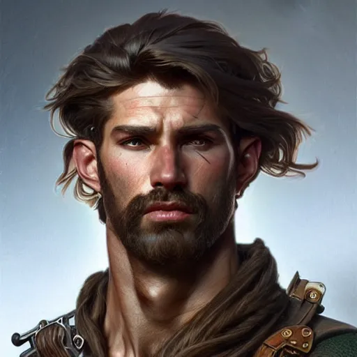 Prompt: portrait of rugged male ranger, d & d, muscular, fantasy, intricate, elegant, highly detailed, digital painting, artstation, concept art, smooth, sharp focus, illustration, art by artgerm and greg rutkowski and alphonse mucha