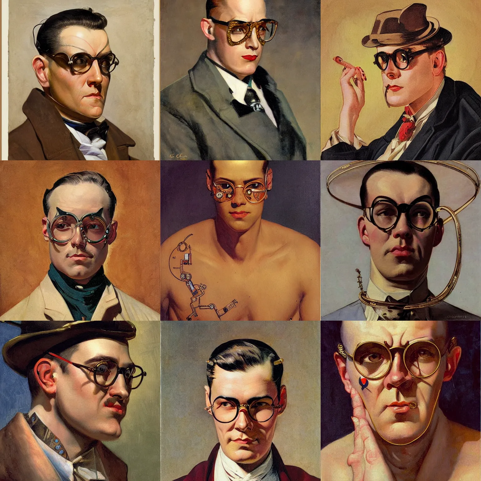 Prompt: french man with a sidecut wearing glasses, gold forehead tattoo in the shape of circuitry, full color painting by j. c. leyendecker