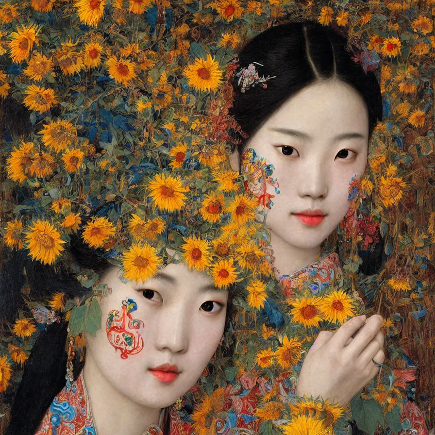 Prompt: a beautiful chinese young woman wearing colourful face paint surrounded by bright intricate patterns involving sunflowers and more, by edgar maxence and caravaggio and michael whelan, intricate painting, hyper realistic, extremely detailed and beautiful aesthetic face, 8 k resolution