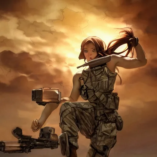 Image similar to soldier girl, anatomy, ground explosion, anime style, long hair, hair down, symmetrical facial features, under heavy fire, hyper realistic, pale skin, 4 k, rule of thirds, extreme detail, detailed drawing, trending artstation, hd, fantasy, d & d, realistic lighting, by alphonse mucha, greg rutkowski, sharp focus, backlit, soldier cloth