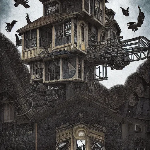 Image similar to crows at a architectural complex with an occult witch by Android Jones and M. C. Escher collaboration, futurist, digital art, dramatic lighting, symbolic