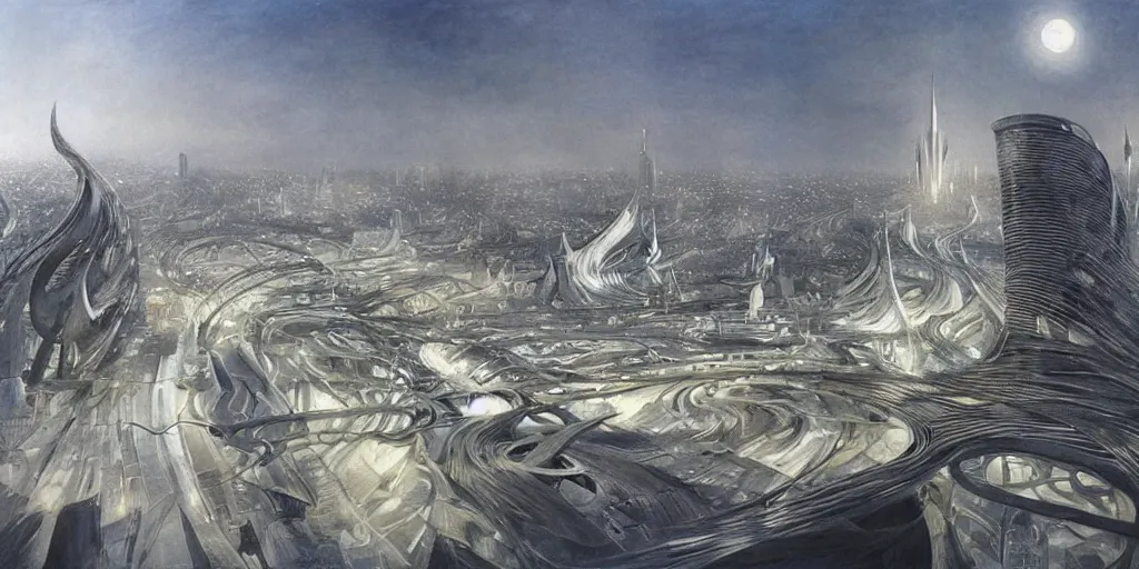 Image similar to a beautiful painting of epic fantasy islamic zaha hadid city by alan lee, trending on artstation