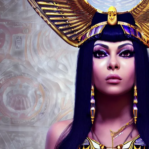 Image similar to portait egyptian princess haifa wehbe as cleopatra, centred, very long hair, hd, unreal engine, art digital painting, final fantasy style, amazing background theme