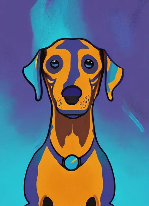 Image similar to a painting of a dachshund face with blue and yellow smoke coming out of, a digital painting by petros afshar, behance contest winner, digital art, behance hd, digital illustration, digital painting