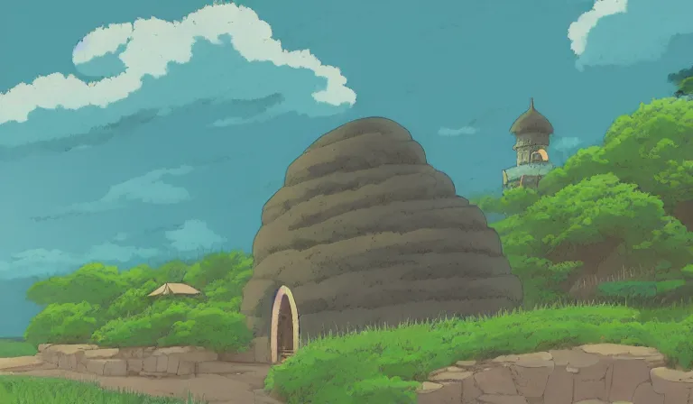 Prompt: a serene landscape with a singular building in the style of Studio Ghibli.