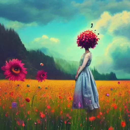 Image similar to girl with a singular flower for a head, surreal photography, dream, standing in flower field, magical, in a valley, sunrise dramatic light, impressionist painting, colorful clouds, artstation, simon stalenhag, flower face