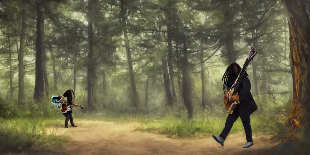 Image similar to side shot of a man with dreadlocks walking while playing the guitar with trees in the background, beautyful painting, hyperrealistic, animation, concept art