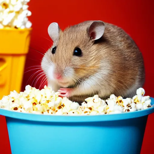 Image similar to photo of a hamster standing next to a bucket of popcorn, in a cinema, various poses, unedited, soft light, sharp focus, 8 k