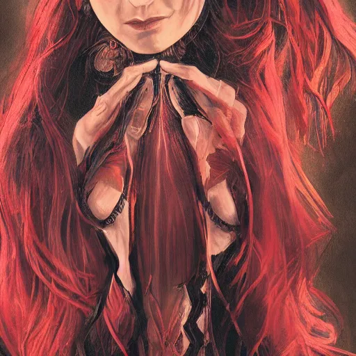 Image similar to beautiful female mage with red hair, keira knightley, black clothing, dark feathered wings, intricate, highly detailed face, trending on artstation, dramatic lighting, hyperrealistic, fantasy, portrait, highly detailed, headshot, digital painting, trending on artstation, concept art, sharp focus, illustration