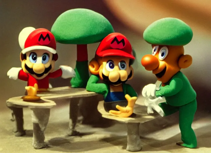 Image similar to still from a 1 9 8 5 live - action stop - motion puppetry tv show by tim burton starring the mario bros. and bowser and princess toadstool and toad and mario's enemies in dioramas of the mushroom kingdom. everything is made of plasticine, fabric, and physical materials. photographic ; cute ; highly - detailed.