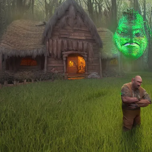 Prompt: Joe Rogan as shrek in front of hut in the swamp, cinematic lighting, masterpiece, trending on artstation, 4k