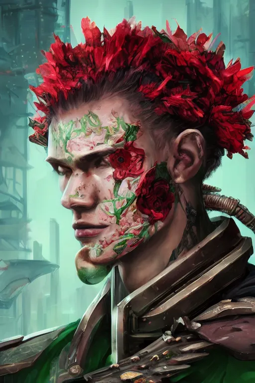 Image similar to portrait of beautiful young man, warhammer, japanic style, cyberpunk, a lot of scars, more and more flowers, green head, sun side, some red water, the middle ages, highly detailed, artstation, illustration, artgerm sylvari portrait, 8 k quality
