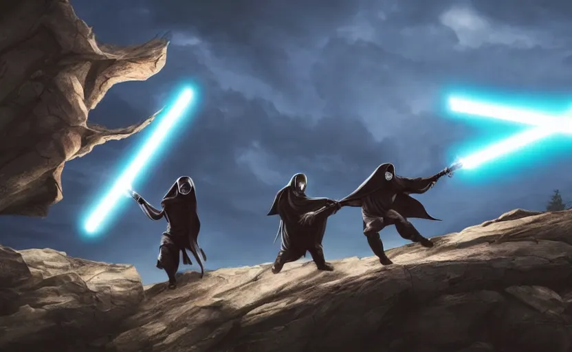 Prompt: two hooded figures engaging in an epic lightsaber duel on a cliffside, epic, fantasy artwork, intense, cinematic, raytracing, dynamic lighting, 4 k