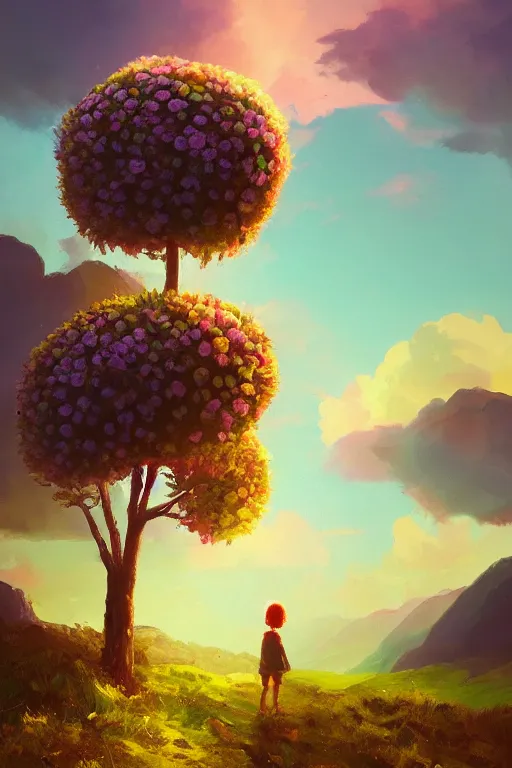 Image similar to giant daisy flower head, girl hiking in the mountains, surreal photography, sunrise, dramatic light, impressionist painting, colorful clouds, digital painting, artstation, simon stalenhag