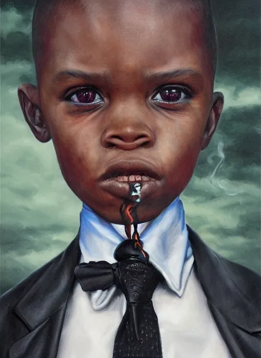 Image similar to portrait of a 7 year old child gang leader, dark gritty, wearing a suit, smoking, very detailed eyes, hyperrealistic, very detailed painting by Glenn Fabry, by Joao Ruas, by Artgerm