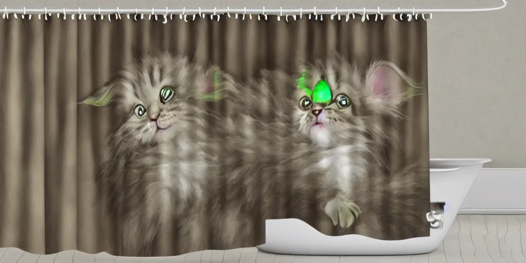 Image similar to a ( ( main coon kitten ) ) baby yoda themed shower curtain, shower curtain. product photography. product lighting. digital art. 4 k, highly detailed. saturated. baby yoda.