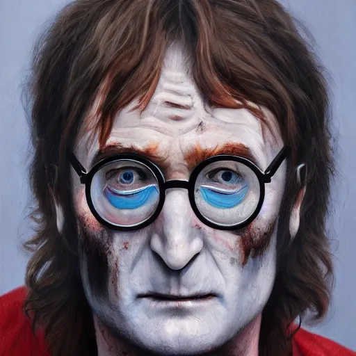 Image similar to Zombie John Lennon being interviewed by Conan on a talk show, realistic, hyperrealistic, very realistic, highly detailed, very detailed, extremely detailed, detailed, oil painting, digital art, trending on artstation, HD Quality