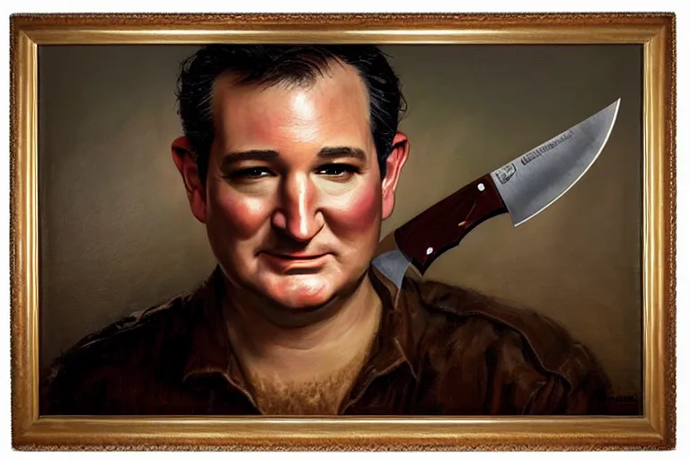 Image similar to portrait of ted cruz wearing a burlap sack with a knife at night in texas, an oil painting by ross tran and thomas kincade