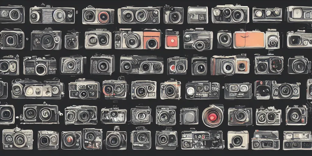 Image similar to full color page scan of various vintage cameras illustrations on black background, in matte painting, 2 d, kitbash, 4 k