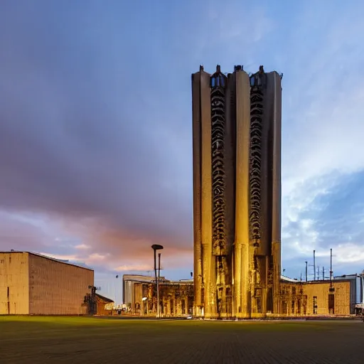 Image similar to a wide shot of a soviet beautiful brutalist monumental multi - building industrial complex, tall buildings with spaceship parking lots on top, with many rounded elements sprouting from the base tower creating a feel of an organic structure, photography shot at blue hour