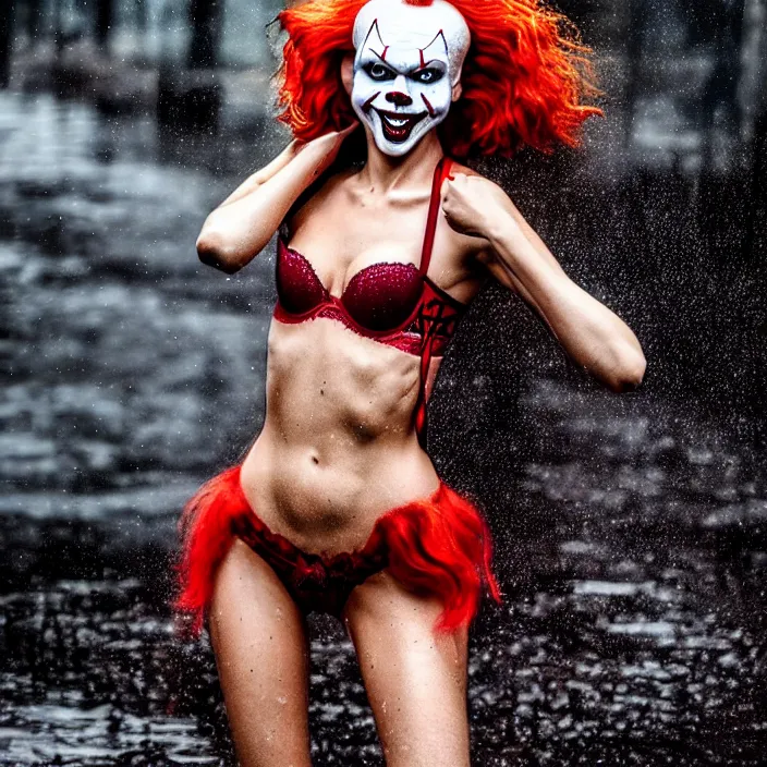 Image similar to fully body pose, photo of a very beautiful!! victoria secret model, pennywise, wet hair, raining, 8 k, hdr, smooth, sharp focus, high resolution, award - winning photo, trending on artstation, dslr, 5 0 mm