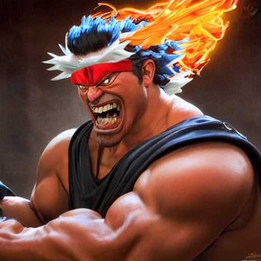 Image similar to danny mcbride as e. honda street fighter, yelling, ultra realistic, concept art, intricate details, highly detailed, photorealistic, octane render, 8 k, unreal engine, art by frank frazetta, simon bisley, brom