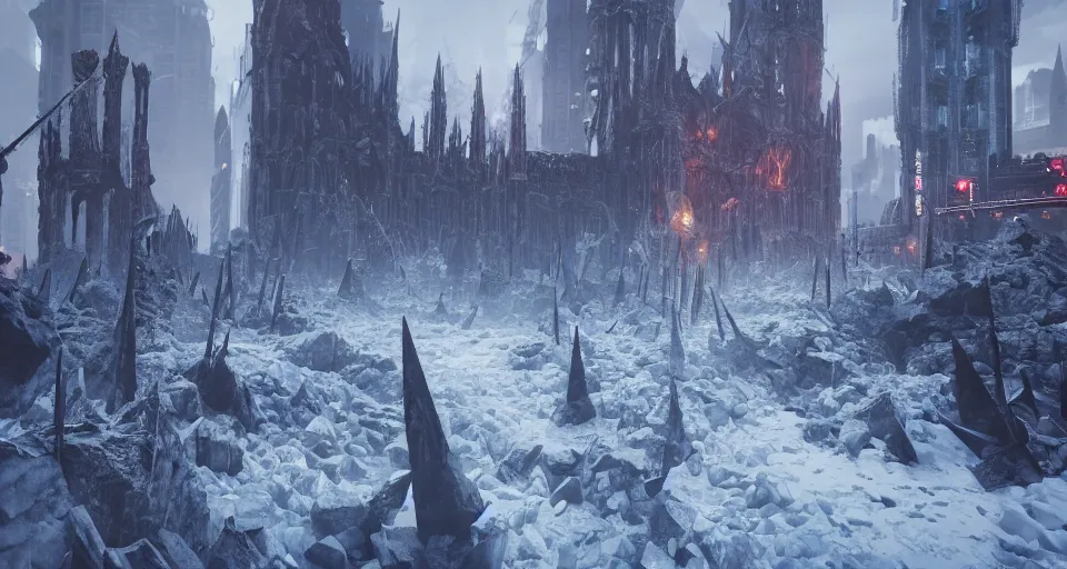 Image similar to giant thick ice spikes grow angular out of the ground in a gothic medieval cyberpunk city, debris flying around, the feeling of grimdark terror and pain, high quality, detailed, 8 k, unreal engine, octane render, trending on artstation