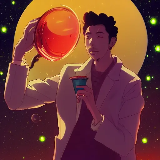 Image similar to A man drinking a cup of cosmic energy bright light by Masafumi Harada, 4k, digital art, surreal, anime style, space dandy style, highly detailed, godsend, artstation