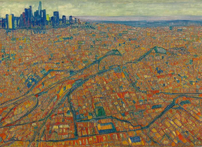 Image similar to a realistic San-Francisco cityscape, bird view, hills, Golden Gate, houses, parks, and hell bursting in style of Egon Schiele, Wayne Thiebaud and Frank Auerbach and Bosch