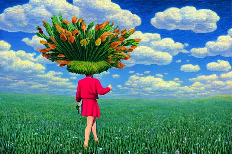 Prompt: a giant flower head, a woman walking, surreal, clouds in sky, impressionist painting, digital painting, artstation, rob gonsalves