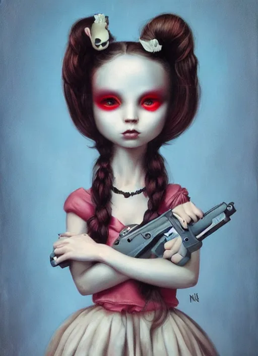 Image similar to pop surrealism, lowbrow art, realistic cute alice girl painting, holding a gun, hyper realism, muted colours, rococo, natalie shau, loreta lux, tom bagshaw, mark ryden, trevor brown style,