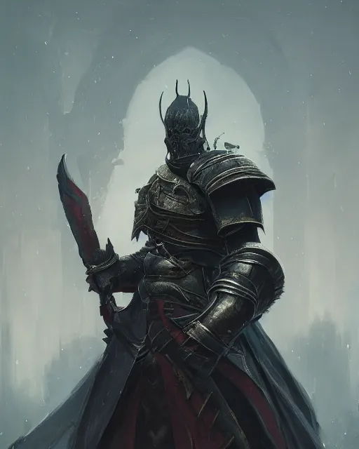 Image similar to A fancy portrait of a Power Knight by Greg Rutkowski, Sung Choi, Mitchell Mohrhauser, Maciej Kuciara, Johnson Ting, Maxim Verehin, Peter Konig, Bloodborne, 8k photorealistic, cinematic lighting, HD, high details, dramatic, dark atmosphere, trending on artstation