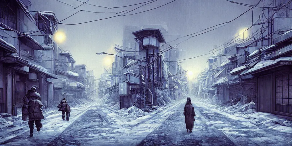 Image similar to nuclear winter, street of kyoto, near future, fantasy, sci - fi, hyper realistic, serene, morning.